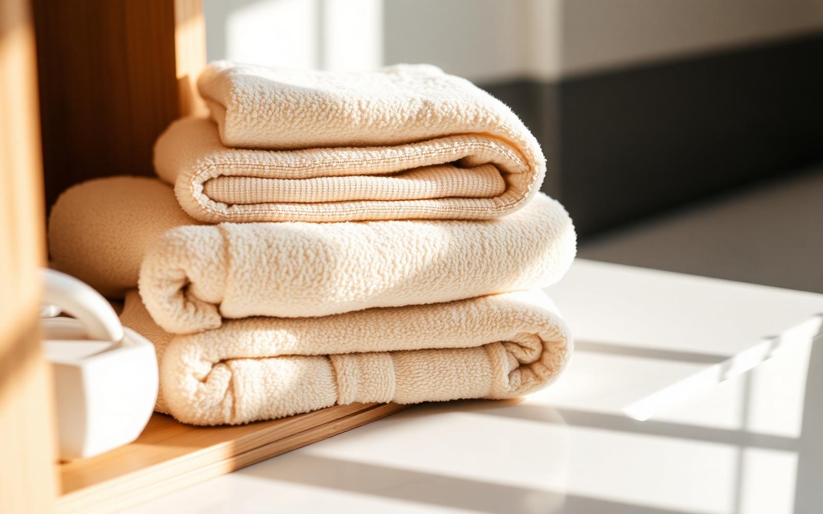 Folded cream towels in warm sunlight